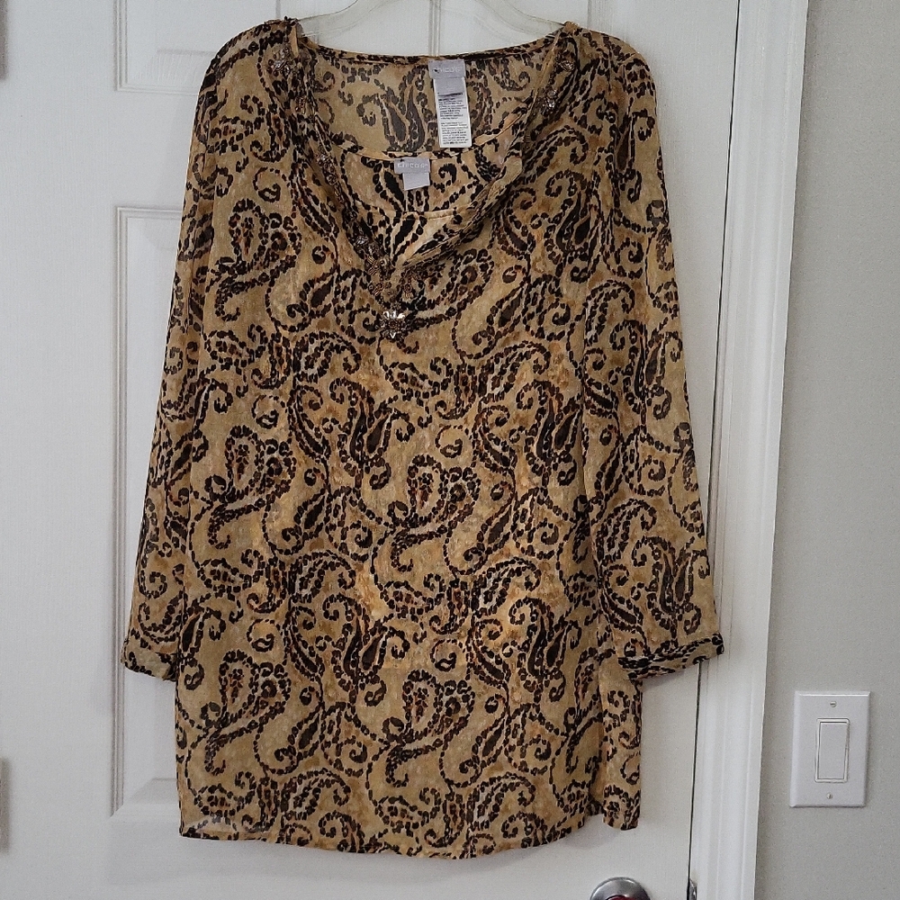 Chico's Paisley Print Blouse+Top - Brown and Tan Size 0(M)